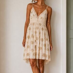 Ananta Beaded Floral Boho Babydoll Mini Dress Blush Pink Gold S/M New with Tags